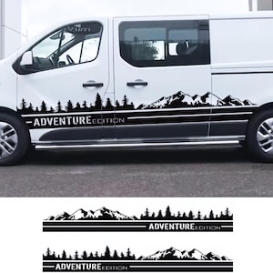 Juego de calcomanías con rayas laterales para furgonetas, edición aventura. Adhesivos para furgonetas con diseño de montañas y bosques. Adhesivos con rayas de colores para furgonetas camper.