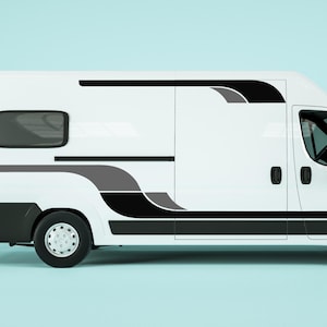 May include: A white van with black and gray decorative stripes. The van has a side door, a window, and a black tire. The background is a light blue color.