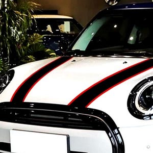 2-delat set med blandade färger på Mini Cooper motorhuvsränder, ränder för motorhuv, tak och bagageutrymme, ränder fram och bak, dekaler med racingränder