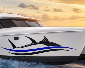 Set 2 Pcs Side Boat Stripe Fish in Wave Sticker Boat Body Decal Cruise | Ocean Mural Vinyl Covers Adhesives Styling fishing Boats Decoration