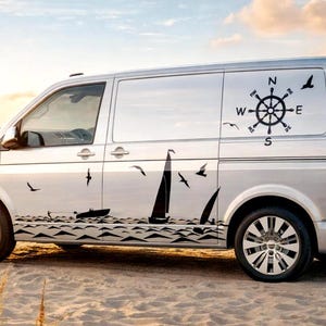 Set Car Van Summer Adventure Edition Graphics Both Sides Stripes Decals. Sea waves boat sports and birds stickers with compass travel vinyl