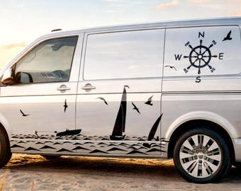 Set di adesivi per auto, furgoni e moto, con grafica Summer Adventure Edition, strisce su entrambi i lati, adesivi con onde del mare, barche, sport e uccelli, con bussola da viaggio in vinile.