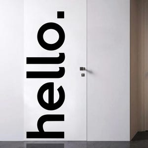 以下が含まれることがあります： 左側に「hello.」という単語が大きく太い黒のサンセリフ体の小文字で縦にプリントされた、背の高い白い長方形のドア。ドアには小さな正方形の金属製ハンドルと、それに対応する鍵穴プレートが付いています。