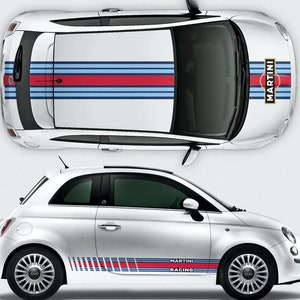Set Martini Racing Stripes per Fiat 500 italiana o modelli simili | Decalcomanie adesive per bevande con grafica autoadesiva in vinile multicolore