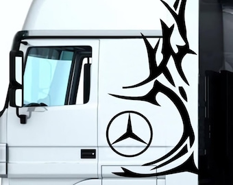 Set 2 Pcs Mercedes Corner Sides Decal Sticker | Premium Kit Mercedes Logo Tribal Style Sticker for Both Sides Big Trucks, Van Adhesives