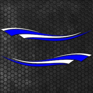 May include: Two blue and white curved racing stripes on a dark gray textured background. The stripes have a dynamic, flowing design, with a blue top layer and a white accent stripe. The background has a honeycomb pattern.