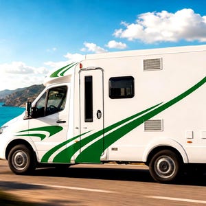 May include: A white motorhome featuring green swooping graphic decals along the side, a tall entry door, rectangular windows, and black tires. The vehicle is captured in motion on a road with a coastal landscape visible in the background.