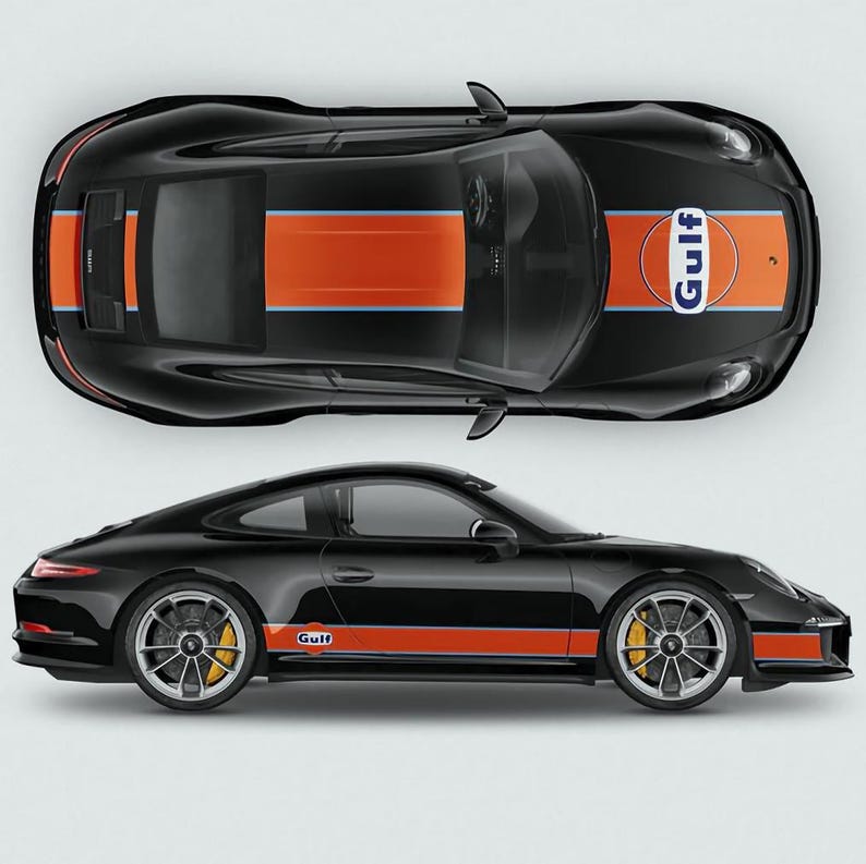 May include: Black Porsche 911 with orange and blue racing stripes and a Gulf logo on the side. The car is shown from both the top and side views.