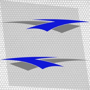 May include: Two blue and gray graphic decals with a honeycomb background. Each decal features a blue arrow shape over a gray, angled shape. The background is a light gray with a repeating honeycomb pattern.
