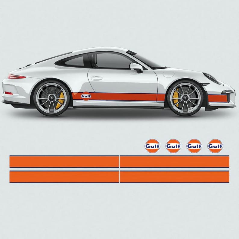 May include: A white sports car with orange and blue racing stripes and the word "Gulf" on the side. The car is on a white background. There are four Gulf logos below the car.