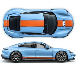 May include: A light blue electric car with a black and orange racing stripe and a Gulf logo on the side. The car is shown from the top and side views.