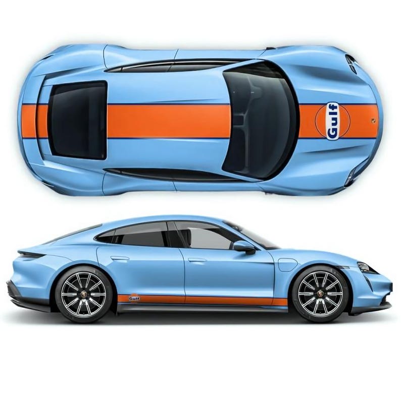May include: A light blue electric car with a black and orange racing stripe and a Gulf logo on the side. The car is shown from the top and side views.