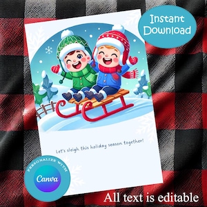 Cartão postal de férias para estudantes Cartão de Natal editável, Download instantâneo, Colorido, Desenho animado