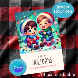 Cartão postal de férias para estudantes Cartão de Natal editável, Download instantâneo, Colorido, Desenho animado