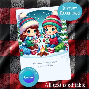 Cartão postal de férias para estudantes Cartão de Natal editável, Download instantâneo, Colorido, Desenho animado, Chocolate quente é mais doce quando compartilhado com você
