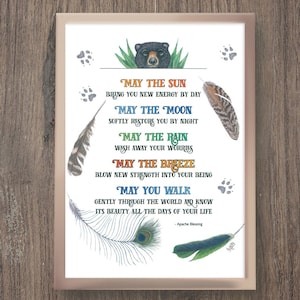 Apache Blessing 8"x10" print with colored pencil illustrations of a bear and feathers