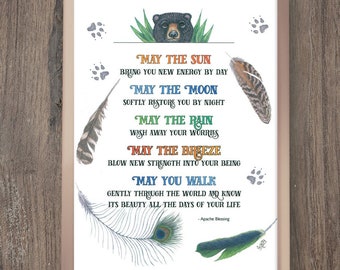 Apache Blessing 8"x10" print with colored pencil illustrations of a bear and feathers