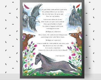 Chief Seattle Native American speech about animals, colored pencil art, 8"x"10 print