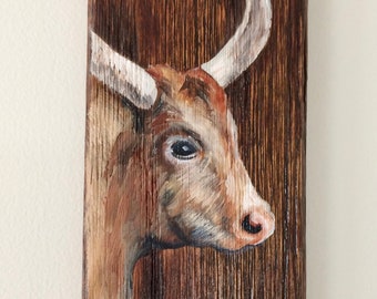 Cow, longhorn steer Original Oil painting on recycled parquet wood floor tile, 9" x 3"