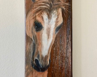 Horse Original Oil painting on recycled parquet wood floor tile, 9"x3"
