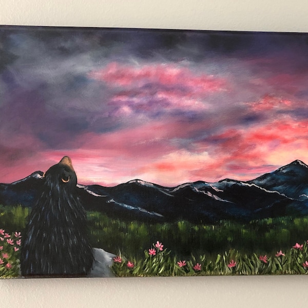 Mountain Sunrise and Black Bear Original Oil Painting on linen canvas, 10" x 20"