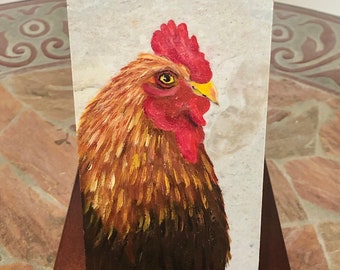 Chicken hand-painted stone tile, 5.75" x 2.75" x 3/8"