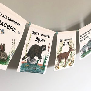 Full Color Metta Prayer Flags with wildlife art, string of 5 handmade flags