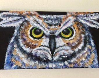 Owl original oil painting on 6" x 12" wood with black background