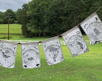 Earth Prayer flags on outdoor fabric, Climate Change, Endangered Species, handmade black and white flags, string of 5