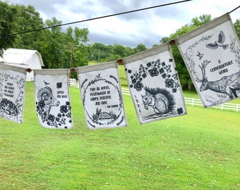Peace Prayer Flags with wildlife drawings on outdoor fabric, handmade string of 5 black and white flags