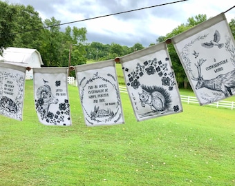 Peace Prayer Flags with Wildlife Illustrations on Outdoor Fabric