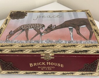 Deer decoupaged wood cigar box, jewelry box, memory box or keepsake box