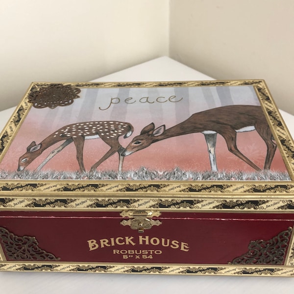 Deer decoupaged wood cigar box, jewelry box, memory box or keepsake box