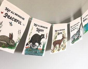 Full Color Metta Prayer Flags with wildlife art, string of 5 handmade flags