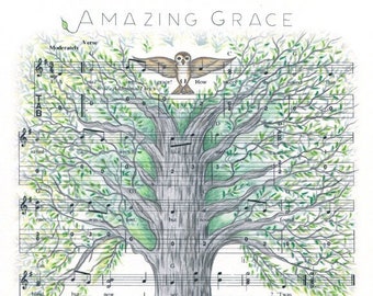 Amazing Grace music sheet with tree and owl illustration