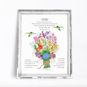 Prayer of St. Francis of Assisi, 8"x10" print with colored pencil art of flowers and hummingbirds