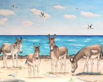 Donkeys on Beach Original Colored Pencil Art with white mat, 12"x16"