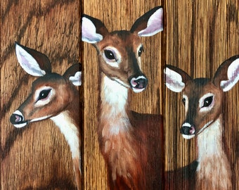 Set of 3 Deer Original Oil paintings on recycled parquet wood floor tiles, 9"x3" each