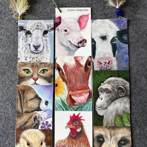 Handmade bookmarks with animal art, canvas, farm animals, dog, cat, chimp, bear