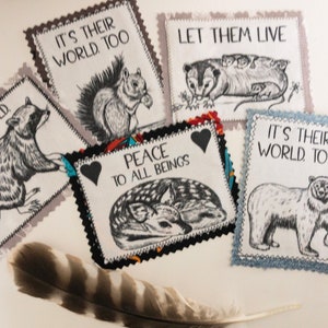 Wildlife Patches, handmade, iron-on, opossums, squirrel, fawn, polar bear, animal rights