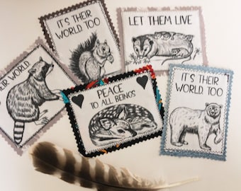 Wildlife Patches, handmade, iron-on, opossums, squirrel, fawn, polar bear, animal rights