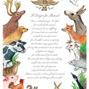 Prayer for Animals illustrated with animals in a script font, 8&quot; x 10&quot; print on fine art paper