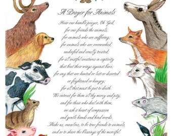 Prayer for Animals illustrated with animals in a script font, 8" x 10" print on fine art paper