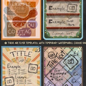May include: Four digital flyer templates featuring various graphic layouts, including abstract shapes, shelves, sunburst patterns, and grid designs with placeholders for titles, lists, logos, and images, labeled with the text THESE ARE FLYER TEMPLATES.