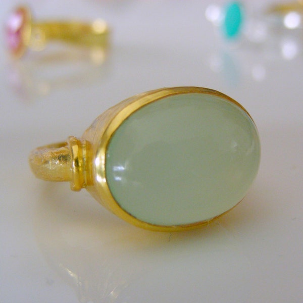Gold Ring - Chalcedony Gemstone Soft Sea Green - Brushed Gold Cocktail Statement Ring
