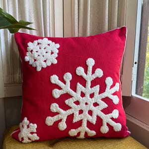 Embroidered Snowflake Pillow Cover: Red Holiday Decor (18x18 20x20)