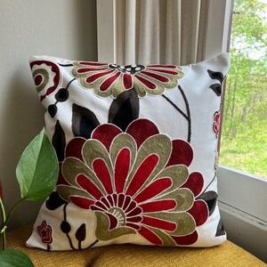 Fall Embroidered Floral Pillow Cover: Folk Blooms Red Cotton Cushion