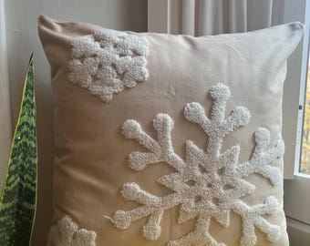 Snowflake Embroidered Throw Pillow Cover: Neutral Winter Decor
