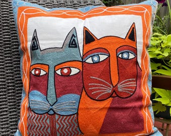 Embroidered Cat Pillow Cover: Abstract Kitty Art 18x18