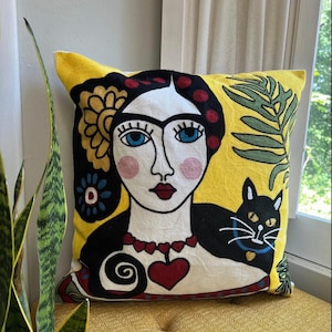 Embroidered Frida Pillow Cover: Abstract Portrait with Black Cat Accent